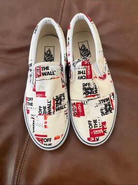 Vans Slip-On Athletic Shoes in White, Red & Black